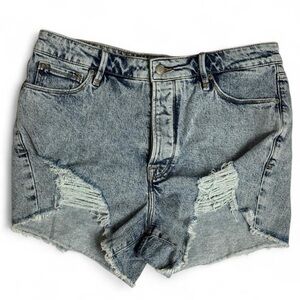 GOOD AMERICAN Bombshell Shorts Frayed Hem Distressed Size 12/31 Blue Light Wash